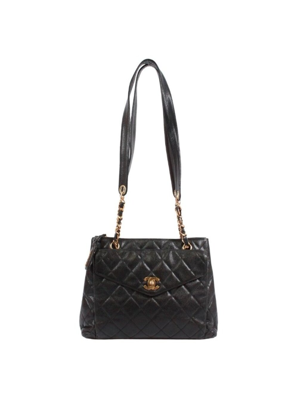 Chanel Quilted CC Logo Chain Caviar Leather Black Tote Bag Gold